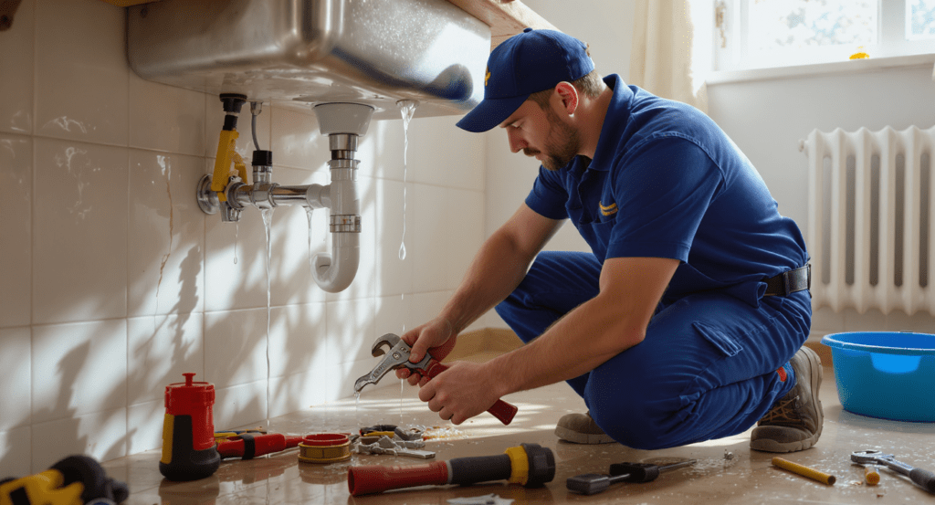 Plombier intervenant rapidement sur une fuite d'eau urgente