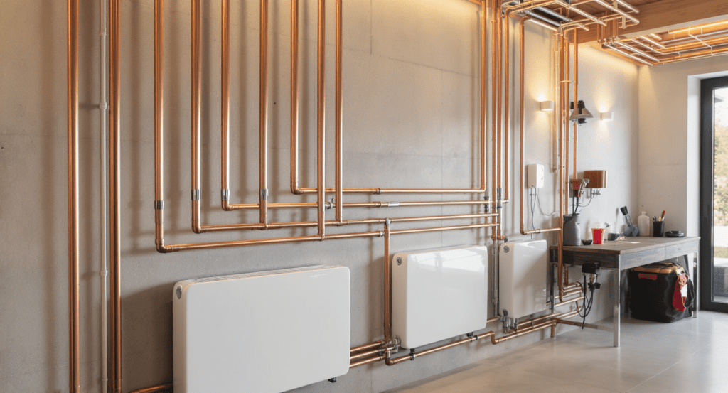 Technicien en plomberie installant un système de chauffage moderne