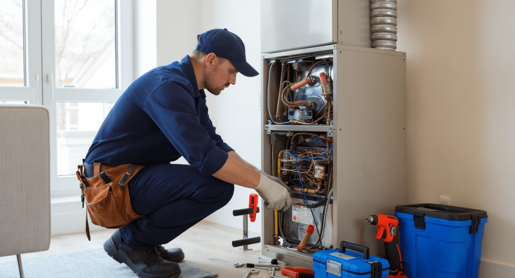 Technicien effectuant la maintenance d'un système de chauffage professionnel