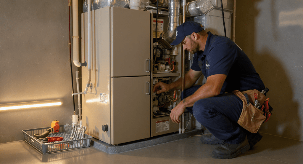 Chauffagiste professionnel inspectant un système de chauffage dans le 92