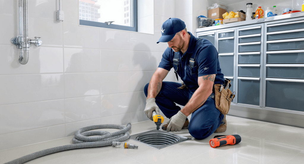 Technicien effectuant le débouchage de canalisations dans le 92