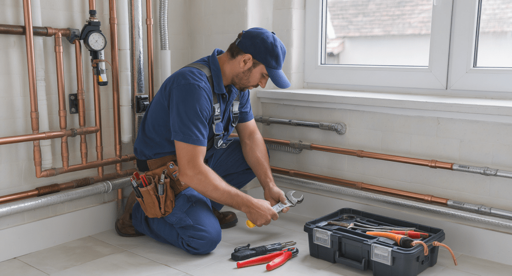 Technicien plombier réparant une fuite d'eau dans un logement