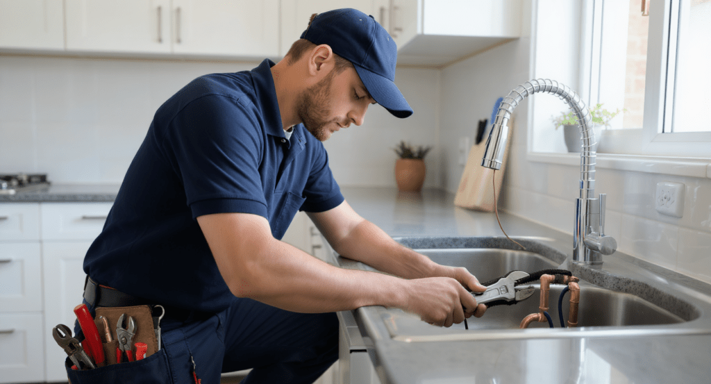 Technicien de plomberie réparant un robinet dans une maison