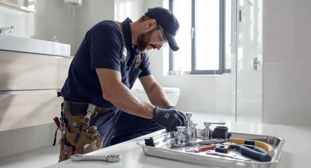 Plombier professionnel inspectant des installations dans les Hauts-de-Seine