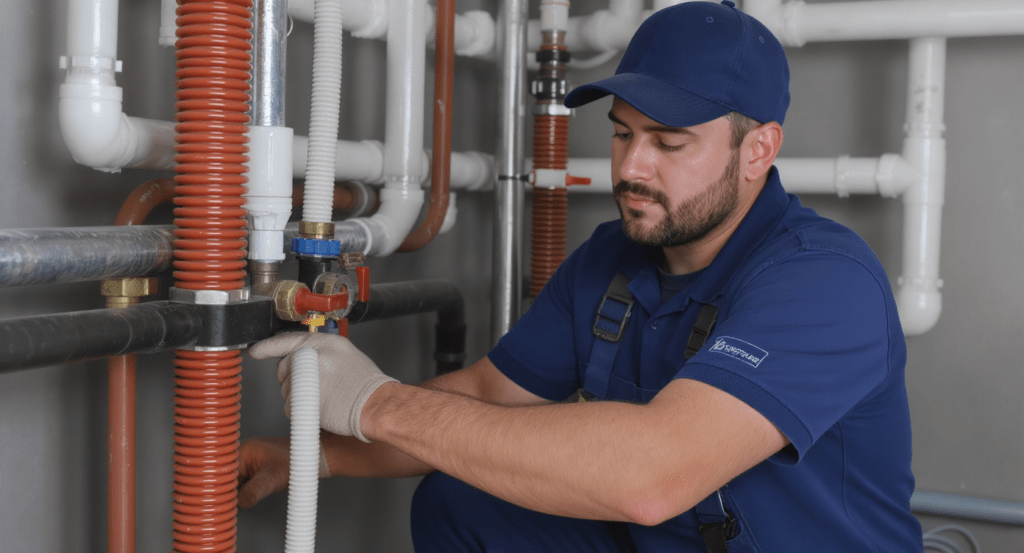 Plombier examinant un devis avec outils et plans de travail