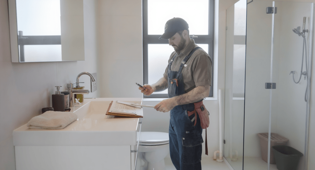 Plombier examinant un devis avec outils et plans de travail