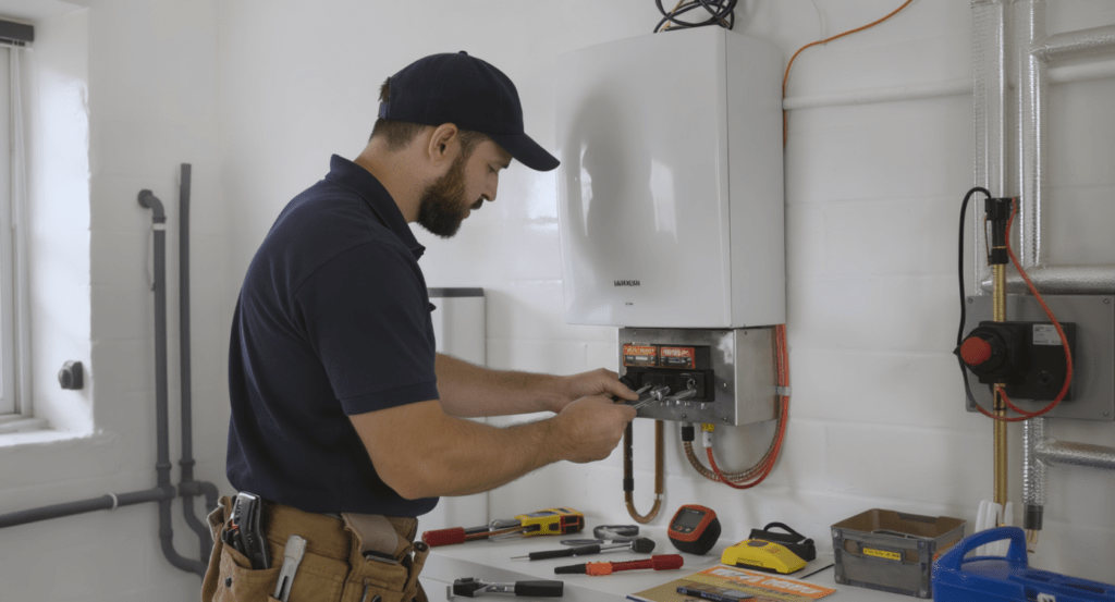 Technicien réparant une chaudière dans un environnement résidentiel