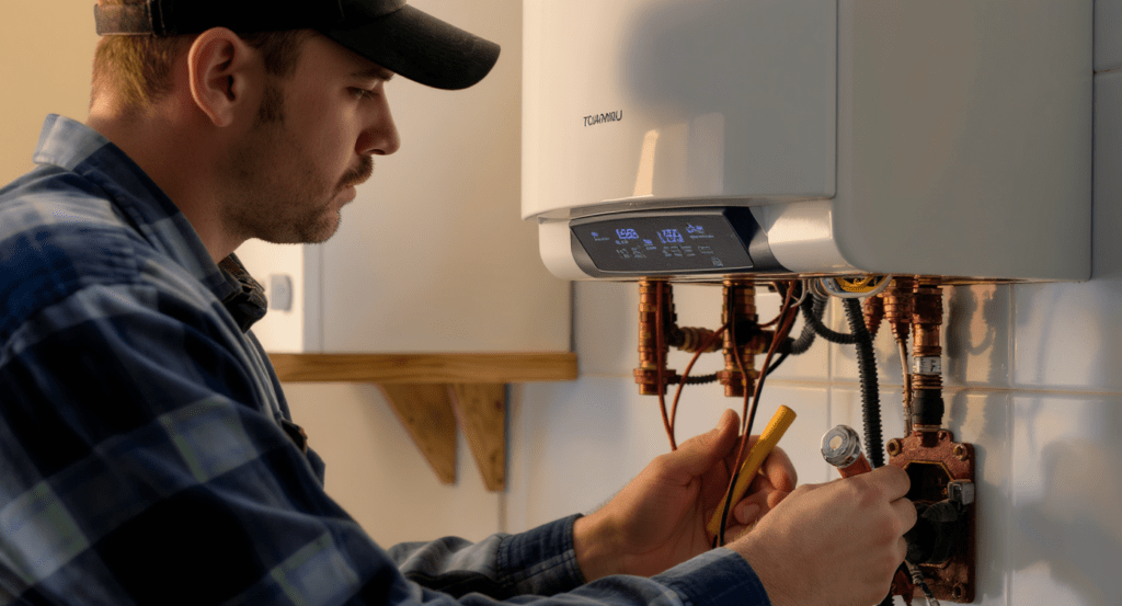 Technicien réparant une chaudière dans un appartement moderne