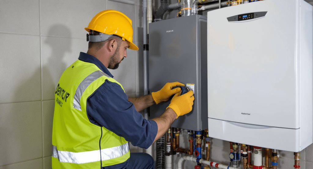 Technicien réparant une chaudière dans un environnement résidentiel