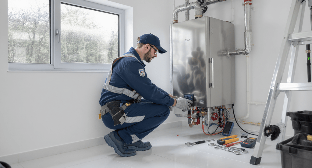 Technicien effectuant l'entretien d'une chaudière dans un appartement