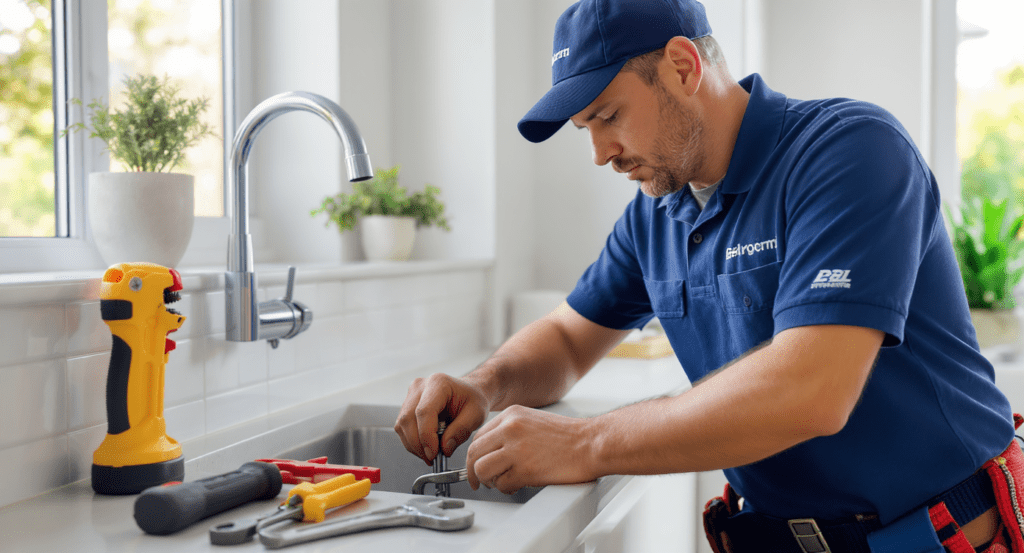 Plombier local réparant des tuyaux dans une maison moderne