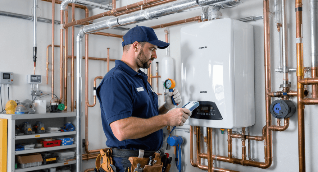 Ouvrier plombier chauffagiste travaillant sur installation de plomberie et chauffage