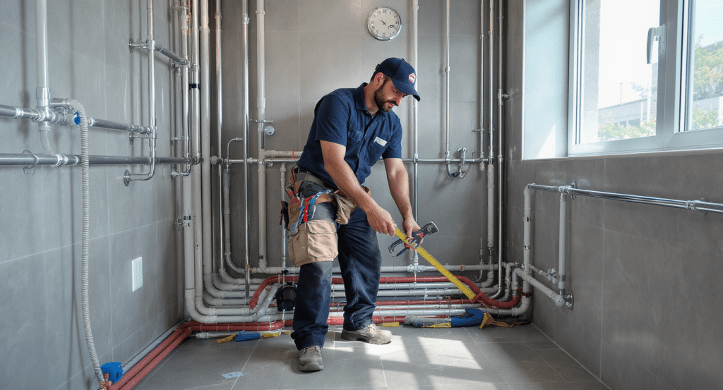 Installateur de plomberie vérifiant une installation fiable