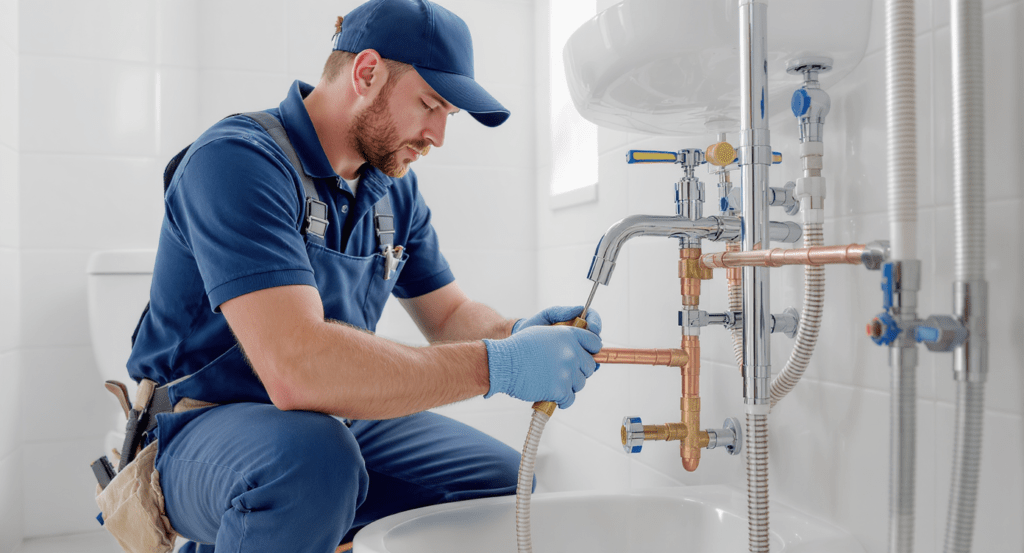 Plombier professionnel installant des équipements sanitaires modernes