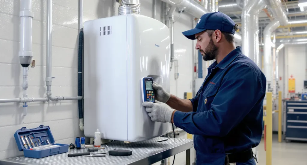 AV chauffage : entretien et dépannage par chauffagiste expert du 92 5 Technicien chauffagiste expert effectuant entretien chaudière chauffage