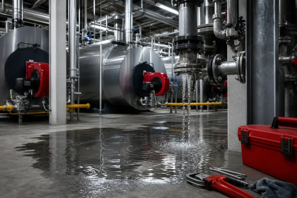 Fuite d'eau sur chaudière domestique en situation d'urgence