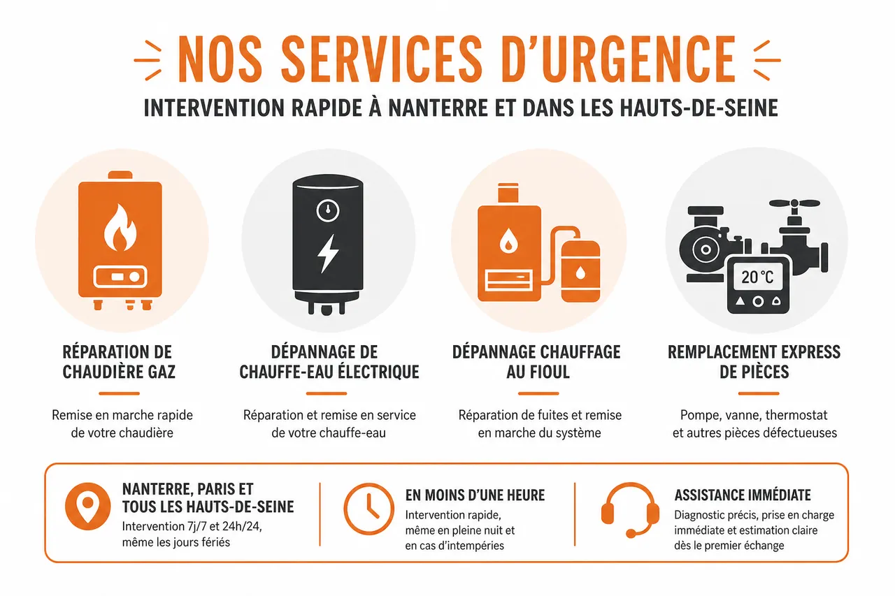 Chauffagiste urgent à Nanterre : service immédiat disponible , Nos services d'urgence : intervention rapide à Nanterre et dans les Hauts-de-Seine