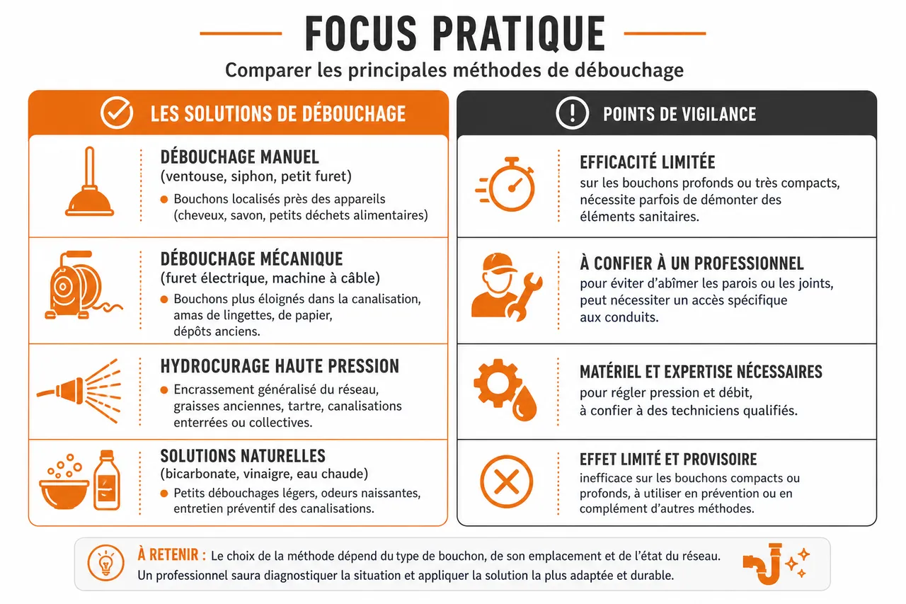 Débouchage des canalisations dans les Hauts-de-Seine par pros , Focus pratique : comparer les principales méthodes de débouchage