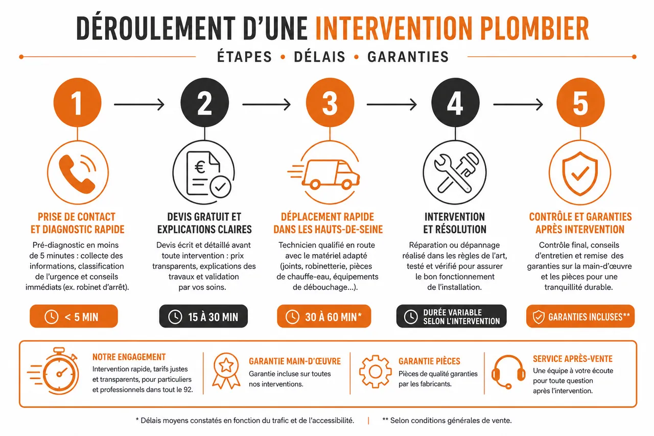 Intervention plombier urgent 92 : rapidité et professionnalisme , Déroulement d'une intervention plombier : étapes, délais et garanties