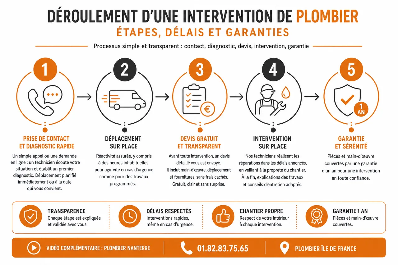 Plombier intervention à Nanterre et environs: contactez-nous , Déroulement d’une intervention de plombier: étapes, délais et garanties