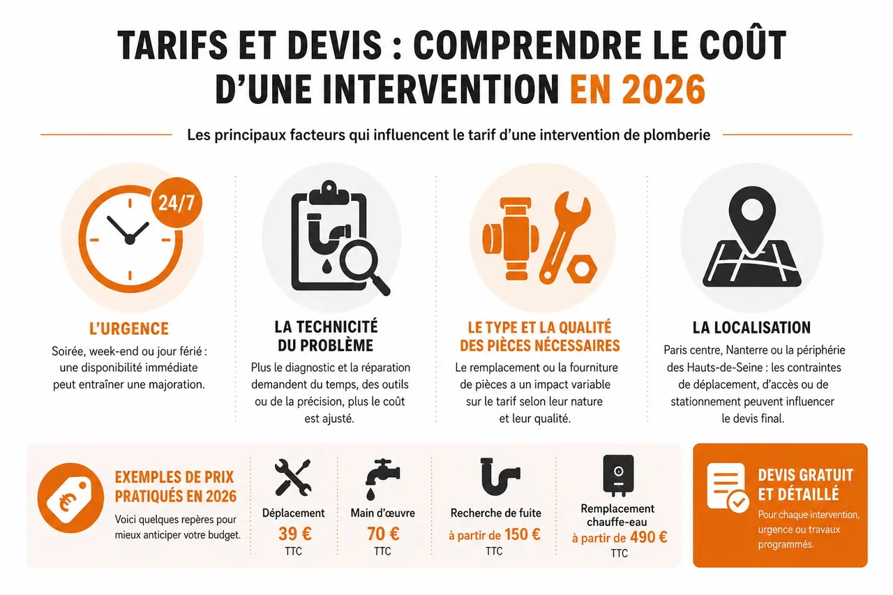 Plombier intervention à Nanterre et environs: contactez-nous , Tarifs et devis: comprendre le coût d’une intervention en 2026