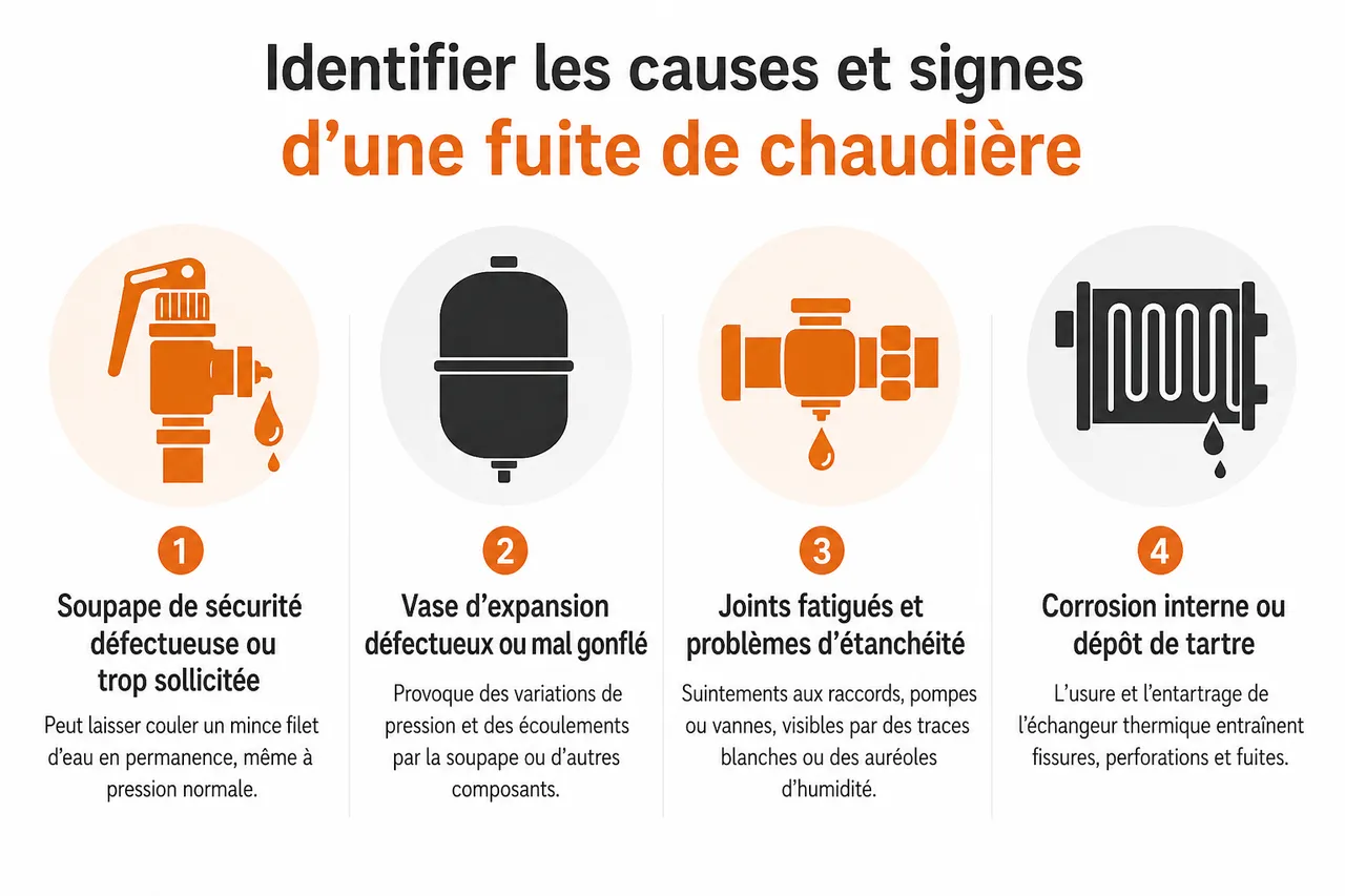 Chaudière qui fuit: que faire immédiatement pour limiter les dégâts chez vous? , Identifier les causes et signes d’une fuite de chaudière