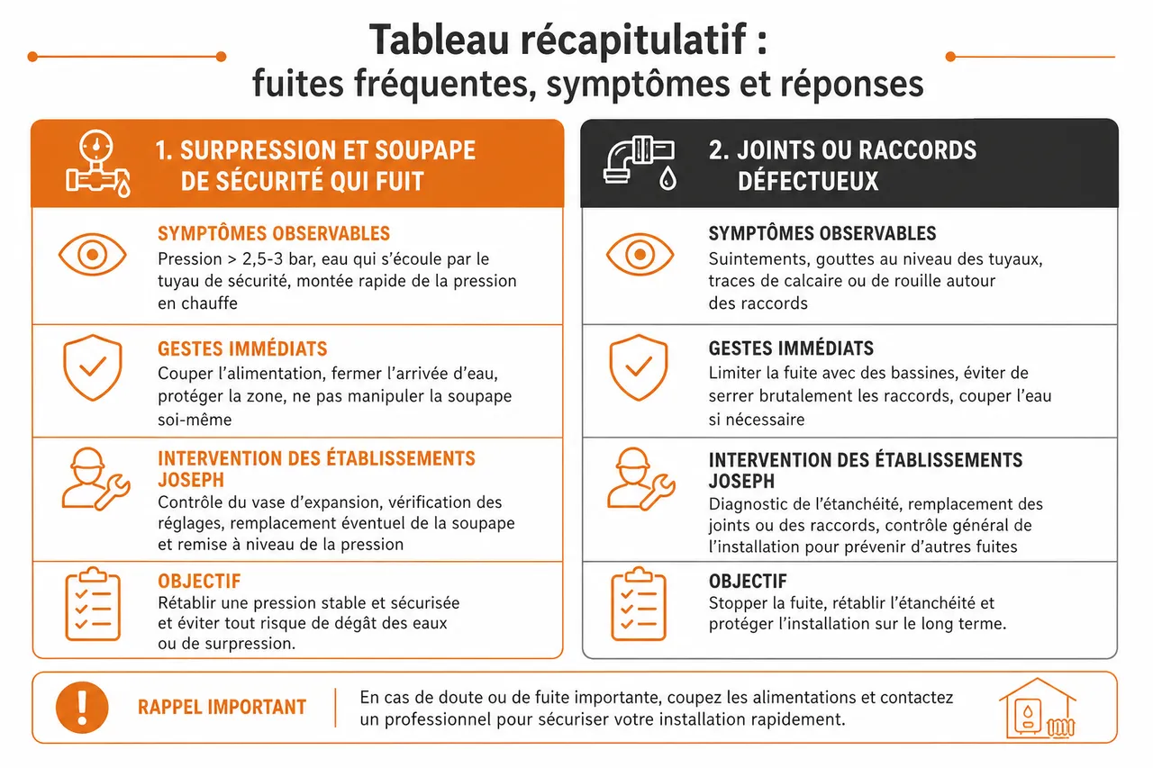 Chaudière qui fuit: que faire immédiatement pour limiter les dégâts chez vous? , Tableau récapitulatif: fuites fréquentes, symptômes et réponses