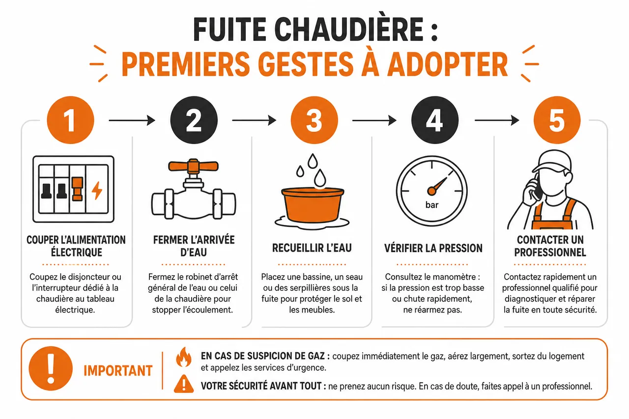 Fuite sur la chaudière: 5 causes fréquentes et leurs solutions quand on n’y connaît rien , Premiers gestes à adopter en cas de fuite