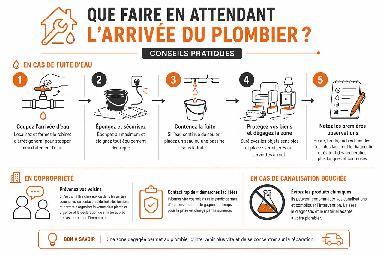 Plombier en urgence: comment trouver le bon professionnel sans se faire surprendre sur le prix? , Que faire en attendant l’arrivée du plombier? Conseils pratiques