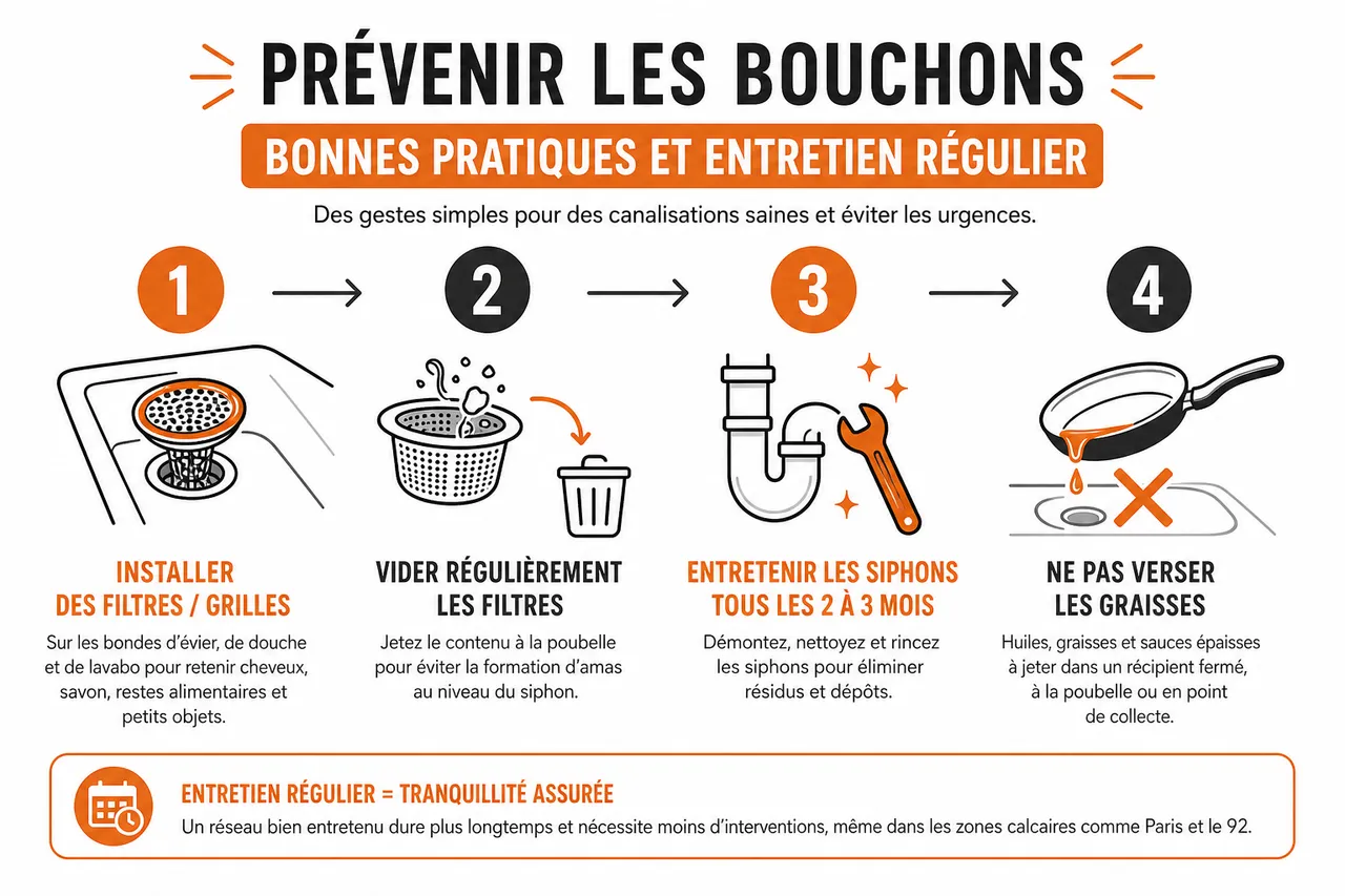Débouchage de canalisations 7 solutions efficaces et celles à éviter pour ne pas aggraver le bouchon , Prévenir les bouchons: bonnes pratiques et entretien régulier