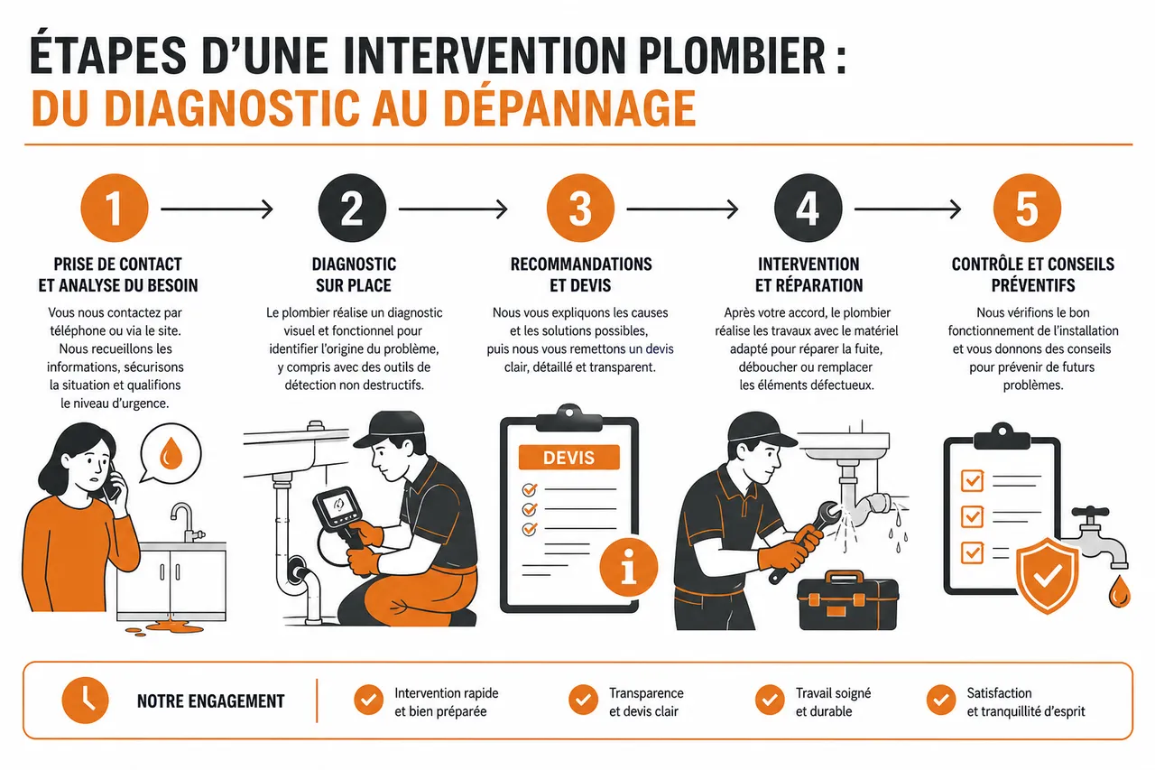 Comment se déroule une intervention de plombier du diagnostic au devis? , Étapes d’une intervention plombier: du diagnostic au dépannage
