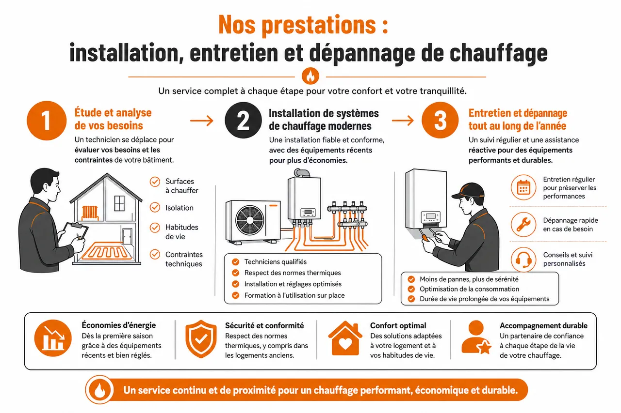 Service de chauffage complet pour votre logement installation dépannage et entretien expliqués simplement , Nos prestations: installation, entretien et dépannage de chauffage