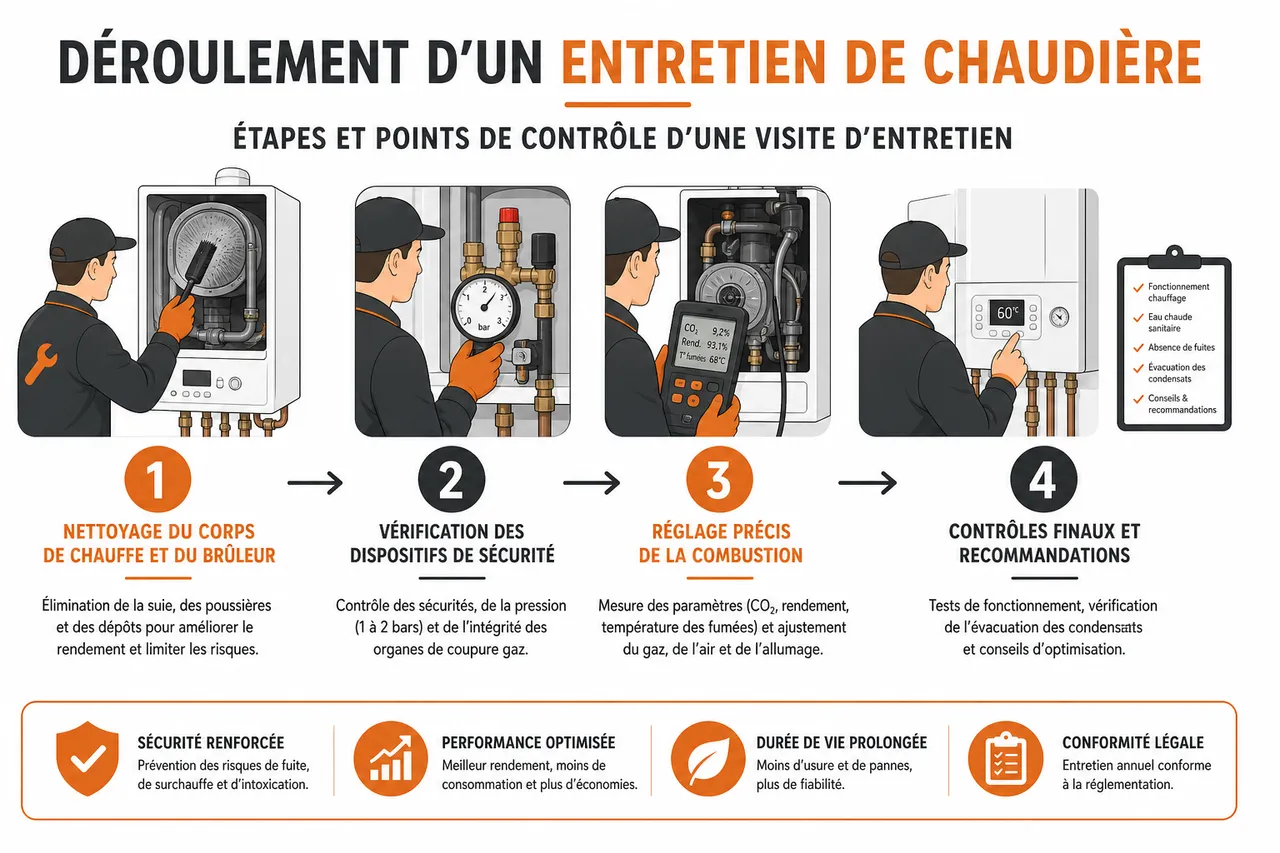 Entretien de chaudière en 2026 obligations légales prix et erreurs à éviter , Déroulement d’un entretien de chaudière: étapes et points de contrôle