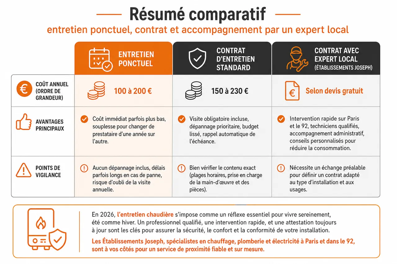 Entretien de chaudière en 2026 obligations légales prix et erreurs à éviter , Résumé comparatif: entretien ponctuel, contrat et accompagnement par un expert local