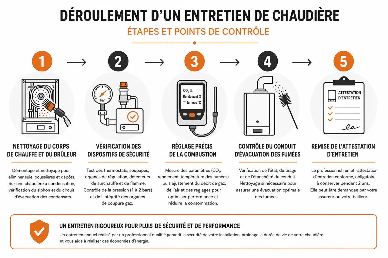 Entretien de chaudière en 2026 obligations légales prix et erreurs à éviter , Déroulement d’un entretien de chaudière: étapes et points de contrôle
