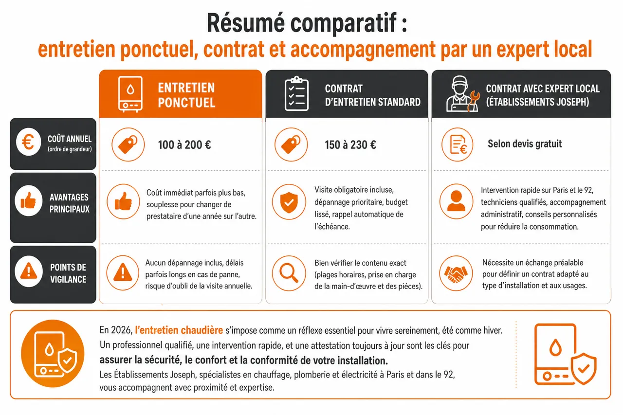 Entretien de chaudière en 2026 obligations légales prix et erreurs à éviter , Résumé comparatif: entretien ponctuel, contrat et accompagnement par un expert local