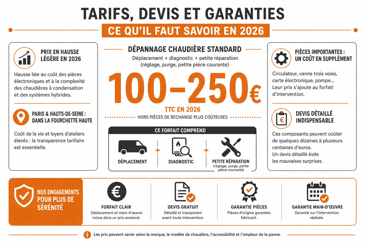 Dépannage de chaudière en panne comment savoir si une réparation suffit ou s’il faut remplacer , Tarifs, devis et garanties: ce qu’il faut savoir en 2026