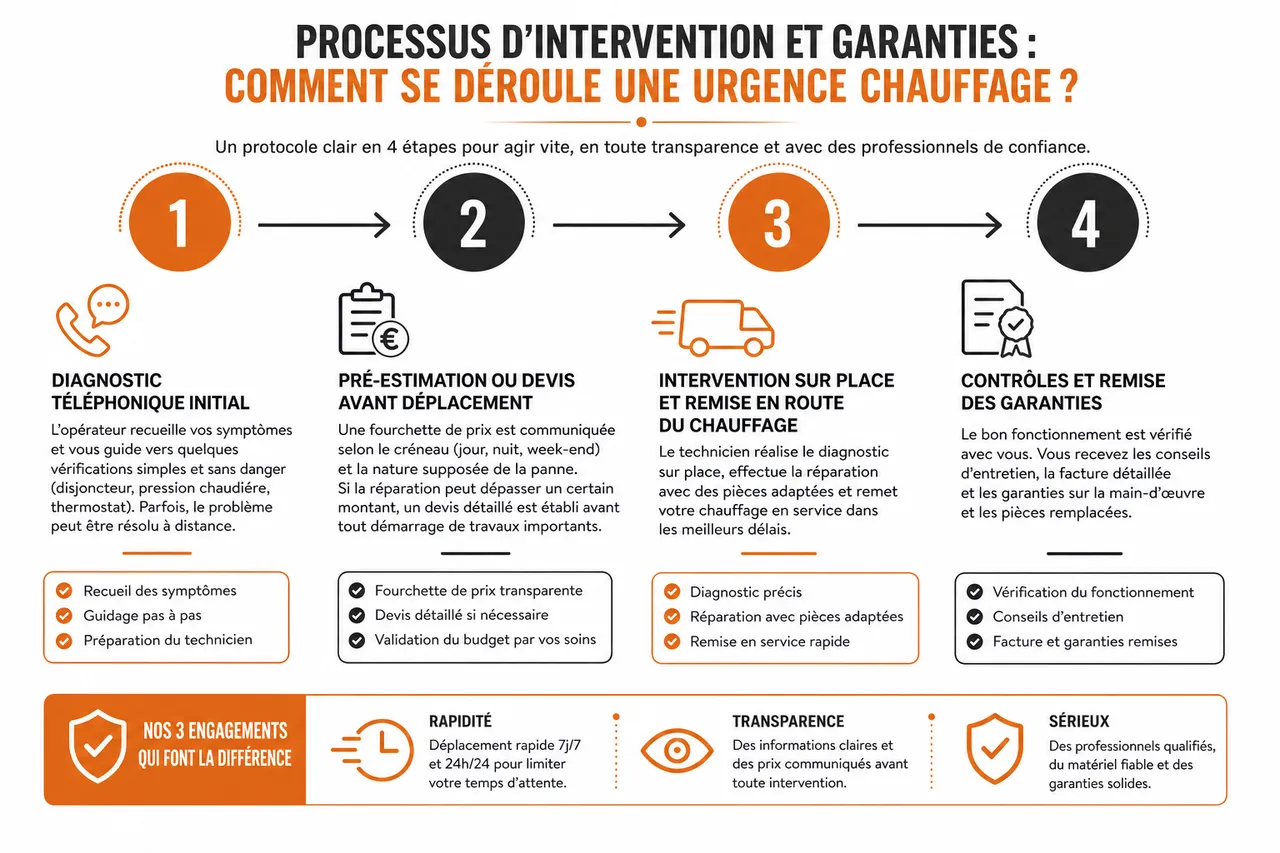 Chauffagiste en urgence qui appeler quand votre chauffage tombe en panne un soir d’hiver , Processus d’intervention et garanties: comment se déroule une urgence chauffage?