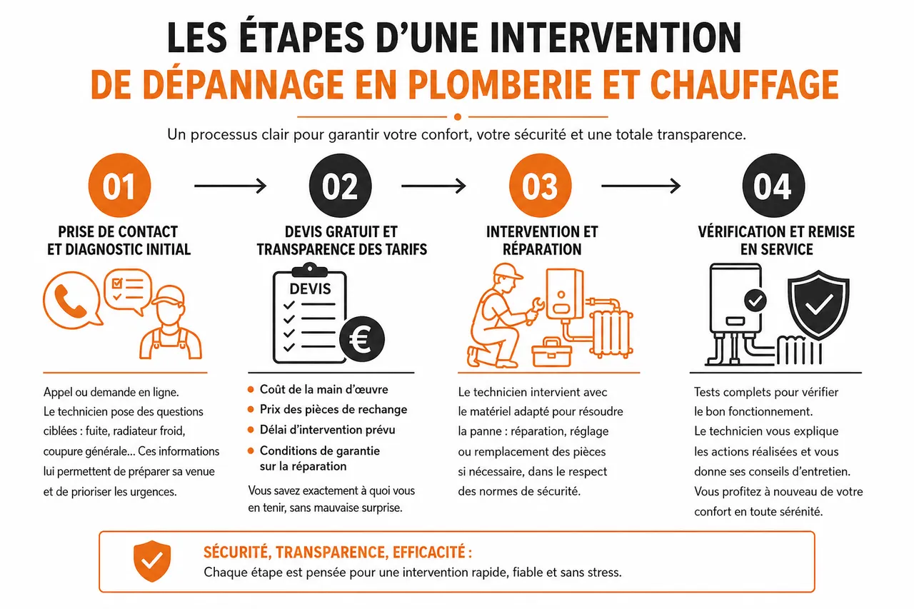Service de dépannage à domicile comment se passe une intervention en plomberie et chauffage , Les étapes d’une intervention de dépannage en plomberie et chauffage