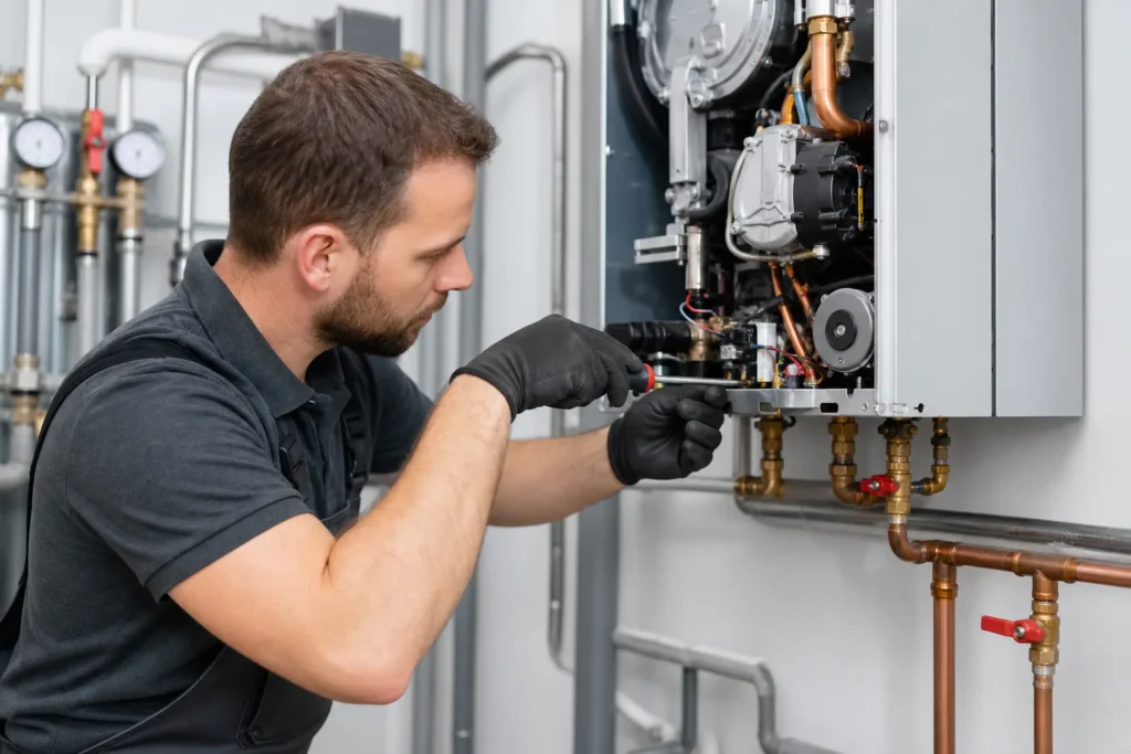 Technicien réparant une chaudière dans le 92 pour service professionnel