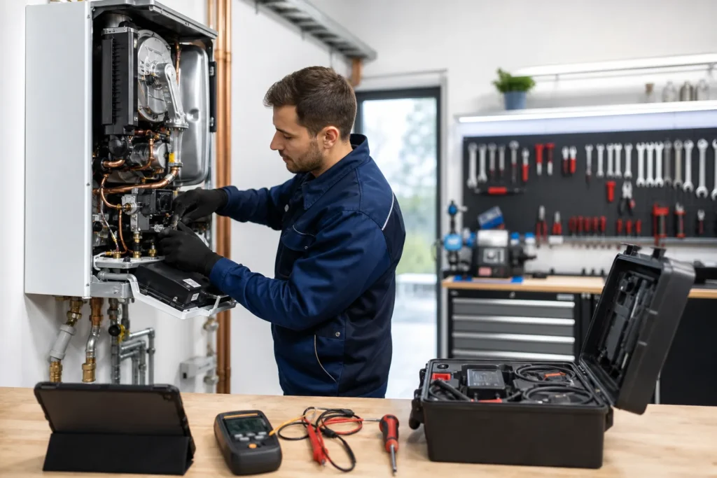 Technicien chauffagiste professionnel vérifiant équipement de chauffage moderne