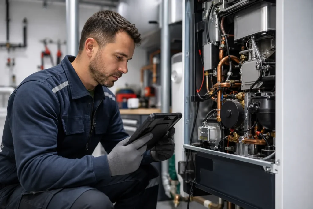 Technicien chauffagiste vérifiant une installation de chauffage fiable