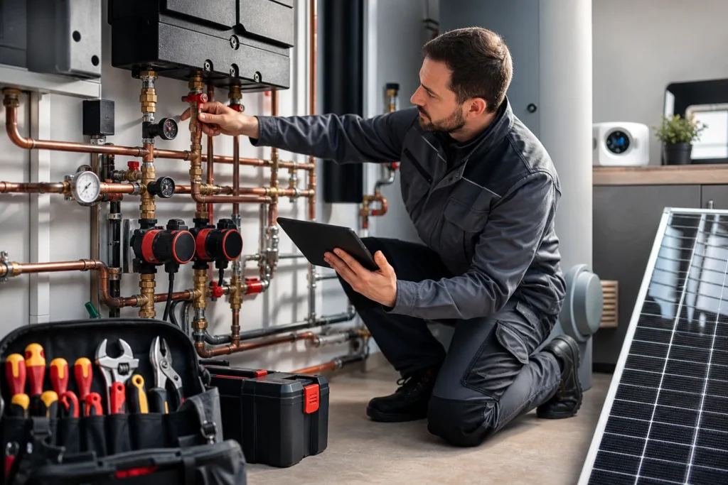 Technicien plombier chauffagiste inspectant système de chauffage central