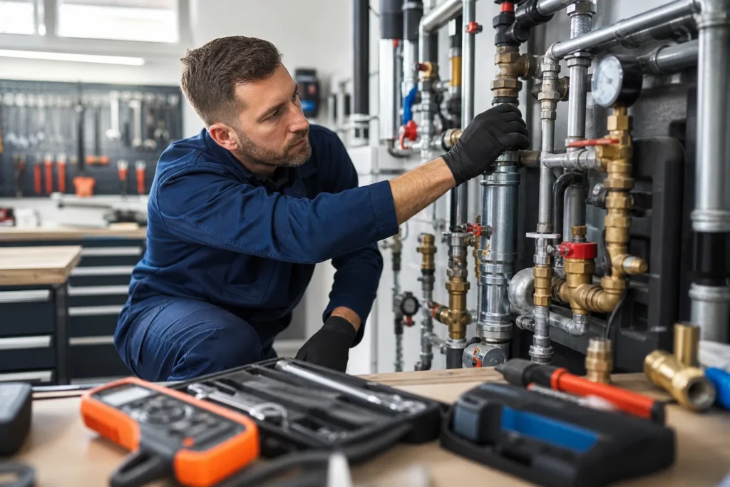 Technicien plombier réalisant un diagnostic avant devis professionnel