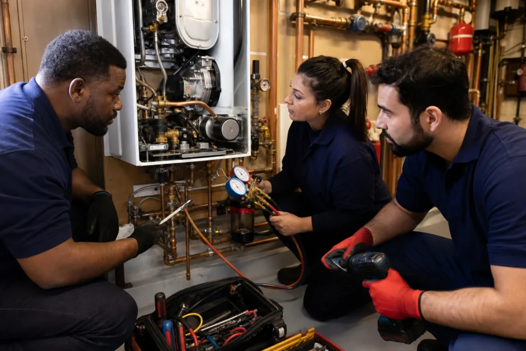 Chaudière avec indicateur de pression et outils de maintenance