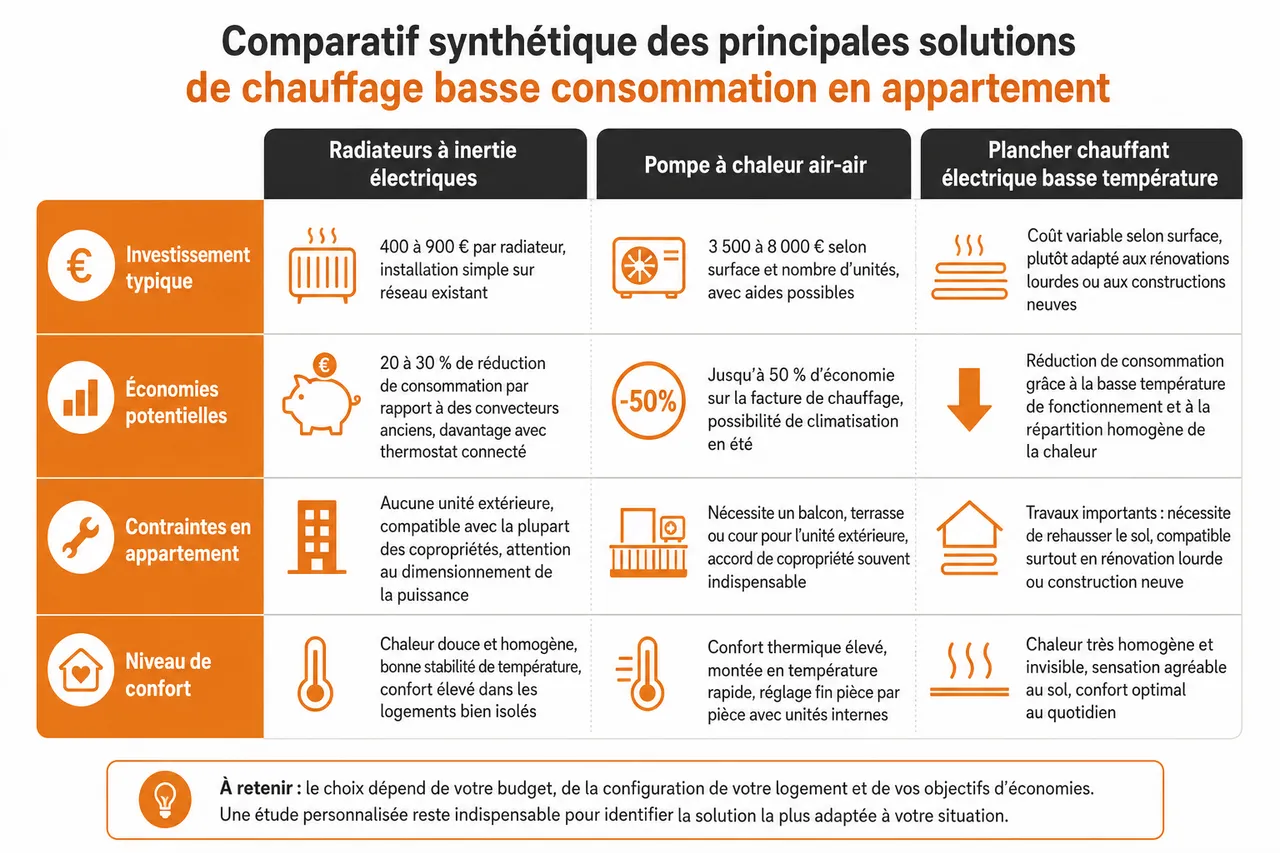 Chauffage basse consommation pour appartement quelles solutions privilégier quand on veut vraiment réduire sa facture , Comparatif synthétique des principales solutions de chauffage basse consommation en appartement