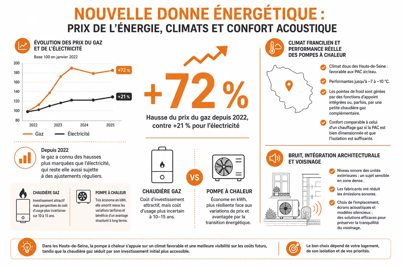 Chaudière gaz ou pompe à chaleur que choisir pour un logement dans les Hauts-de-Seine , Nouvelle donne énergétique: prix de l’énergie, climats et confort acoustique