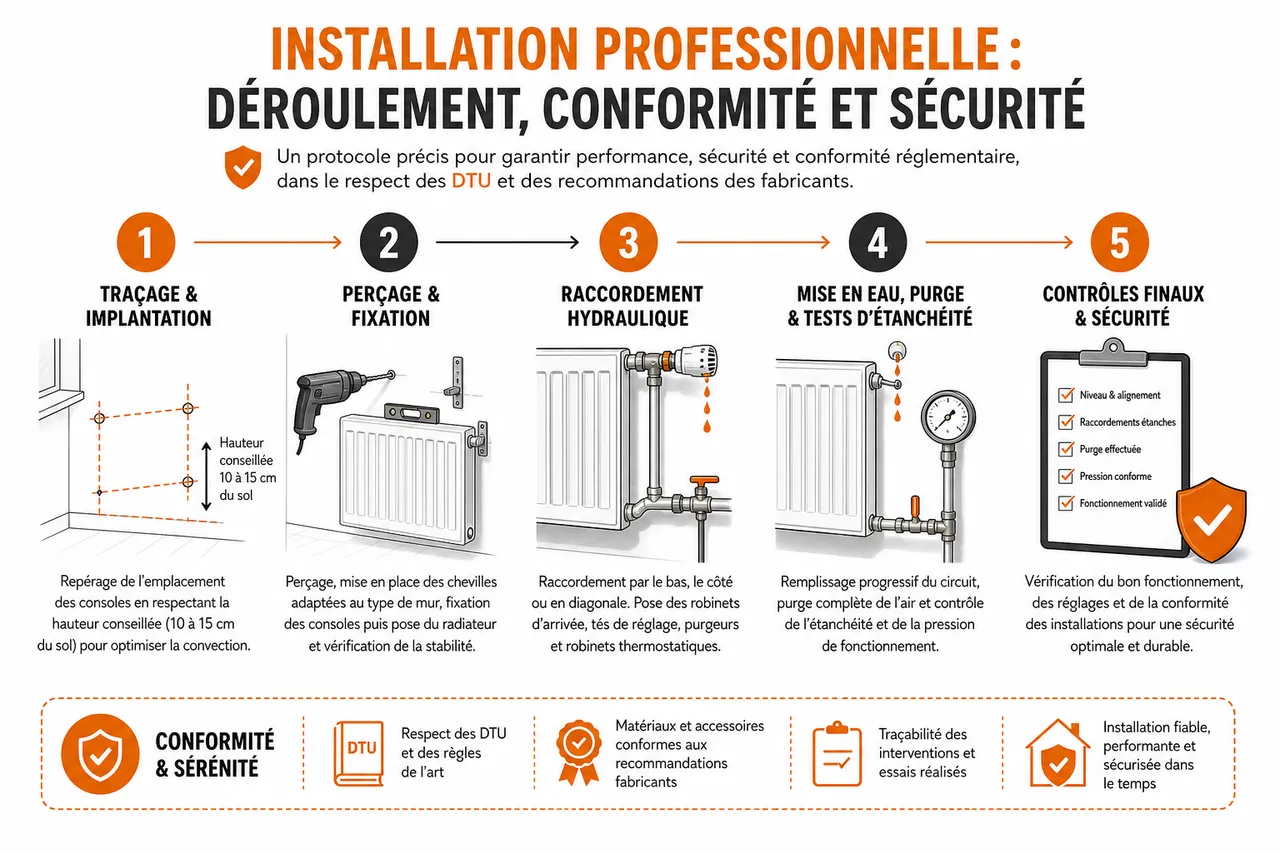 Installation de radiateurs pour chauffage central 5 décisions à prendre avant l’arrivée du chauffagiste , Installation professionnelle: déroulement, conformité et sécurité