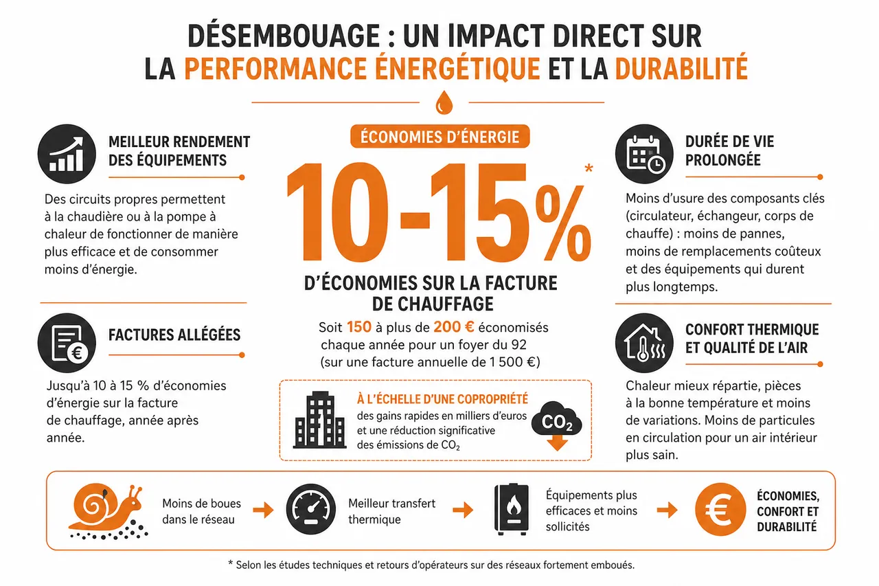 Désembouage de circuit de chauffage dans le 92 à quoi ça sert vraiment et quand le prévoir? , Impact du désembouage sur la performance énergétique et la durabilité