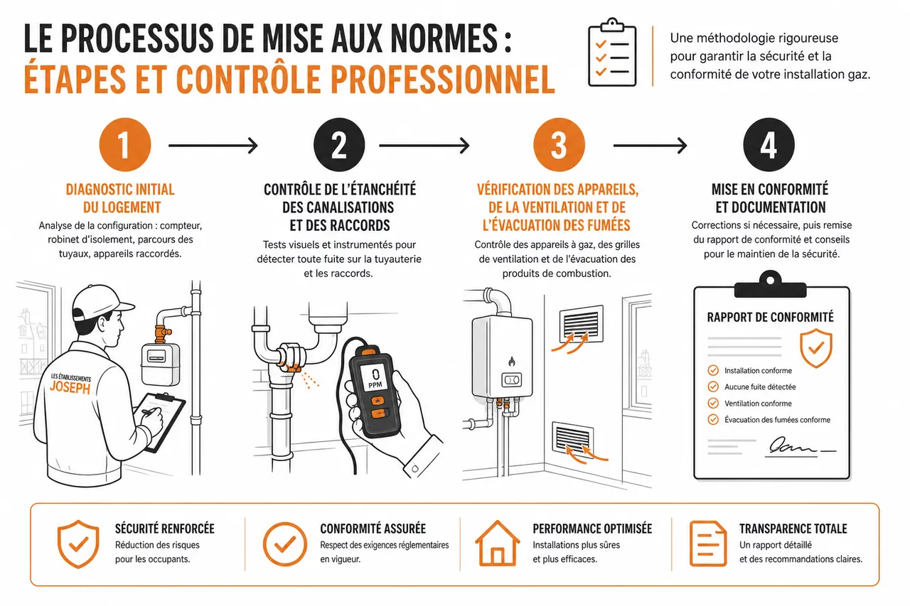 Mise aux normes d’une installation gaz dans un appartement ce que contrôle vraiment le professionnel , Le processus de mise aux normes: étapes et contrôle professionnel